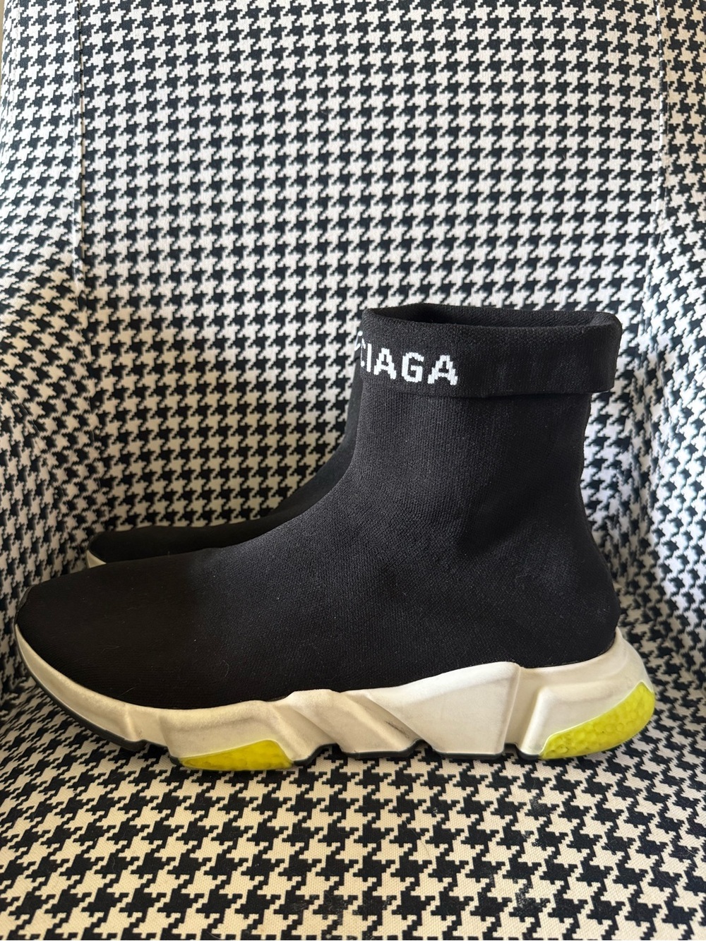 Balenciaga Black Sock Sneaker with White Sole and Neon Yellow Accents